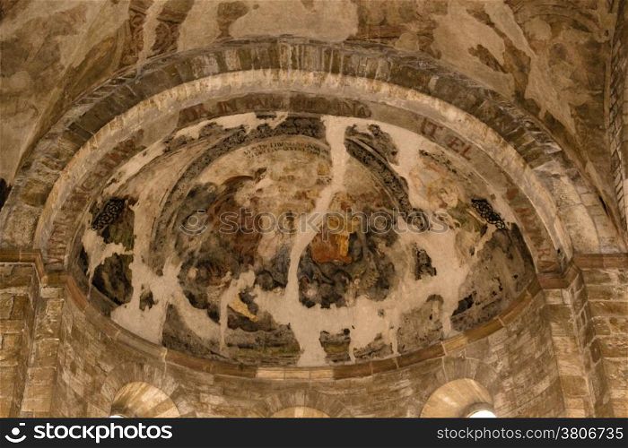 The interiors of Saint George Basilica in Prague: ancient frescos on ceilings