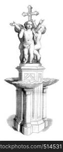 The Invocation was the cross, This baptistry, executed in white marble, 1844 Sculpture Show, vintage engraved illustration. Magasin Pittoresque 1844.