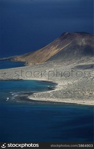 The Isla Graciosa from the Mirador del Rio viewpoint on the Island of Lanzarote on the Canary Islands of Spain in the Atlantic Ocean. on the Island of Lanzarote on the Canary Islands of Spain in the Atlantic Ocean.&#xA;