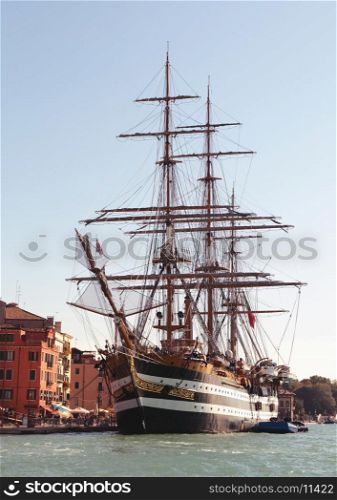 The Italian Naval Academy training ship Americo Vespucci moored at the entrance to the Grand Canal, Venice. Built in 1930, she is the last three-decked square rigged sailing ship.