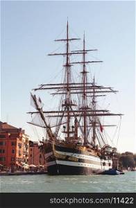 The Italian Naval Academy training ship Americo Vespucci moored at the entrance to the Grand Canal, Venice. Built in 1930, she is the last three-decked square rigged sailing ship.