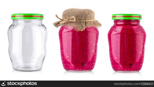 The Jar of red jam with green cover, isolated on white background