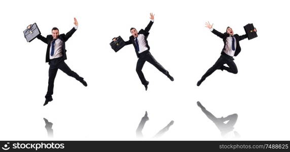 The jumping businessman isolated on the white. Jumping businessman isolated on the white