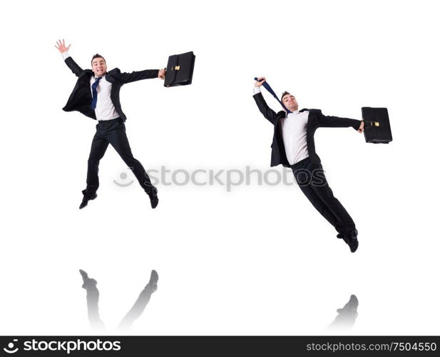 The jumping businessman isolated on the white. Jumping businessman isolated on the white