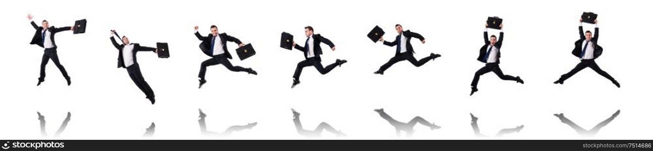 The jumping businessman isolated on the white. Jumping businessman isolated on the white