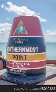 The Key West Florida Buoy sign marking the southernmost point on the continental USA and distance to Cuba