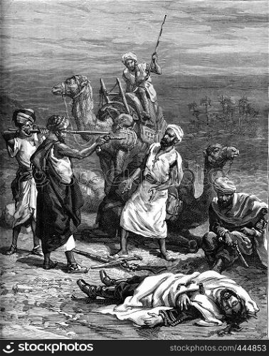 The killing of Mr. Charles Huder. Move and we will kill you too. From Travel Diaries, vintage engraving, 1884-85.