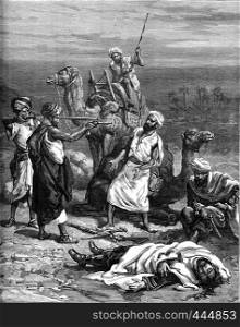 The killing of Mr. Charles Huder. Move and we will kill you too. From Travel Diaries, vintage engraving, 1884-85.