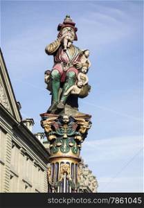 The Kindlifresserbrunnen fountain sculpture in Bern, Switzerland depicts a sitting ogre devouring a naked child and a bag with more children at his side. It was created in 1545 by Hans Gieng and seems intended to encourage children to behave. A literal translation of the name Kindlifresserbrunnen is the Fountain of the Eater of Little Children.&#xA;&#xA;