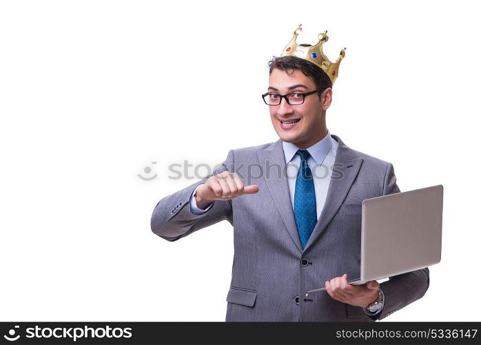The king businessman holding a laptop isolated on white background. king businessman holding a laptop isolated on white background