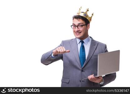 The king businessman holding a laptop isolated on white background. king businessman holding a laptop isolated on white background