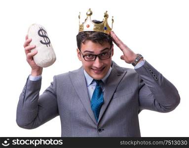 The king businessman holding money bag isolated on white background. King businessman holding money bag isolated on white background