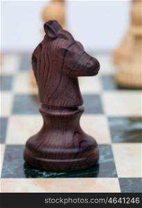 The knight. Wooden chess piece on chessboard