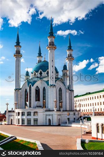 The Kol Sharif Mosque located in Kazan Kremlin, Kazan, The Republic of Tatarstan in Russia. One of the largest mosques in Russia. Kazan city panoramic view.. Kremlin, Kazan, The Republic of Tatarstan in Russia.