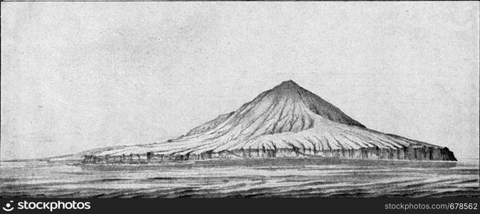 The Krakatoa volcano before the eruption of 1883, vintage engraved illustration. From the Universe and Humanity, 1910.