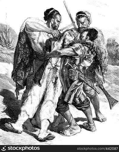 The Kroumirs. They had cut her nose and ears, vintage engraved illustration. Journal des Voyage, Travel Journal, (1880-81).