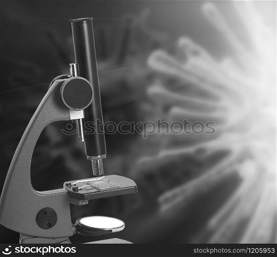 The Laboratory Microscope and Coronavirus. Black and White.. The Laboratory Microscope and Coronavirus