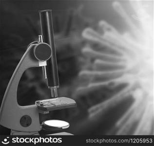 The Laboratory Microscope and Coronavirus. Black and White.. The Laboratory Microscope and Coronavirus