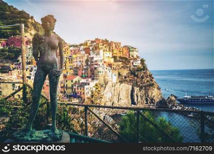 The Lady of the Grapes statue at town center of Manarola, Cinque Terre - Italy.