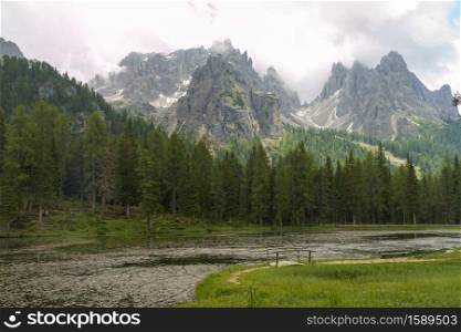 The lake of Misurina, Belluno, Veneto, Italy, in the Dolomites, at summer
