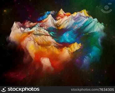 The Land Above. Island in the Sky series. Arrangement of 3D rendering of colorful mountains against fractal space on theme of imagination, space, science fiction and creativity