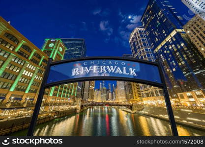 The landmark Chicago riverwalk label over cityscape river side, United states of America, USA downtown skyline, Architecture and building with tourist concept