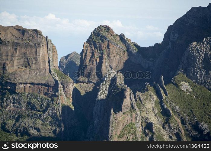 the Landscape and Mountains of the Madeira National Park in Central Madeira on the Island Madeira of Portugal. Portugal, Madeira, April 2018. PORTUGAL MADEIRA NATIONAL PARK LANDSCAPE