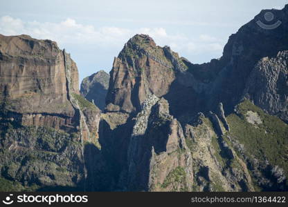 the Landscape and Mountains of the Madeira National Park in Central Madeira on the Island Madeira of Portugal. Portugal, Madeira, April 2018. PORTUGAL MADEIRA NATIONAL PARK LANDSCAPE