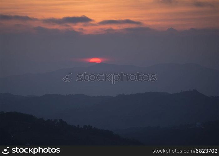 the landscape and sunrise over the town of Mae Salong north of the city Chiang Rai in North Thailand.. THAILAND CHIANG RAI MAE SALONG LANDSCAPE