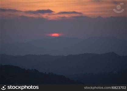 the landscape and sunrise over the town of Mae Salong north of the city Chiang Rai in North Thailand.. THAILAND CHIANG RAI MAE SALONG LANDSCAPE