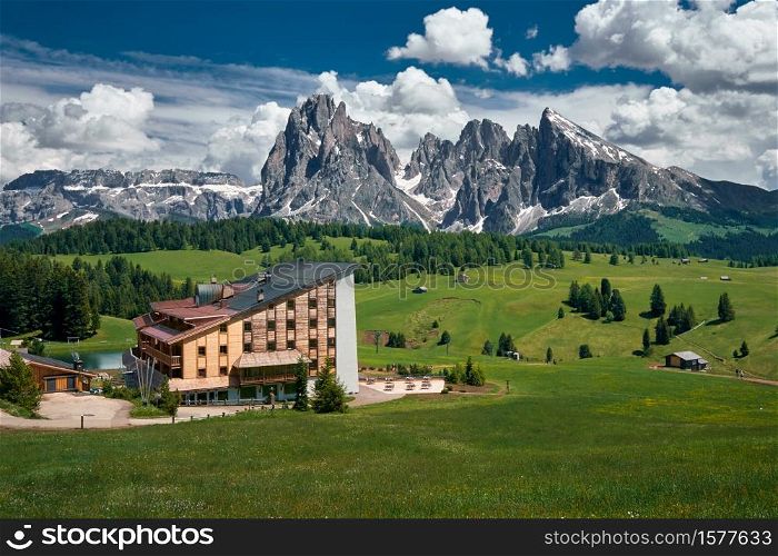 The landscape around Alpe di Siusi/Seiser Alm, the largest high-altitude Alpine meadow in Europe. Located in the Dolomites mountain range, South Tyrol, Italy