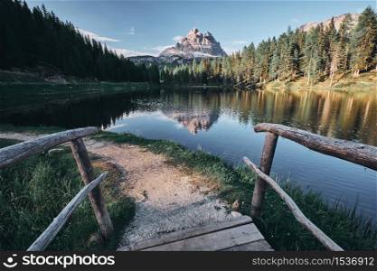The landscape around lake Antorno (Lago di Antorno). The lake located in Dolomites area, Belluno Province, Italy