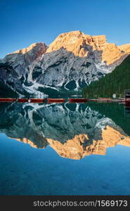 The landscape around Lake Braies or Pragser Wildsee located in Prags valley, Dolomites area, Italy