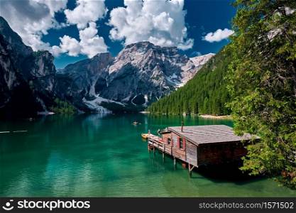 The landscape around Lake Braies or Pragser Wildsee located in Prags valley, Dolomites area, Italy