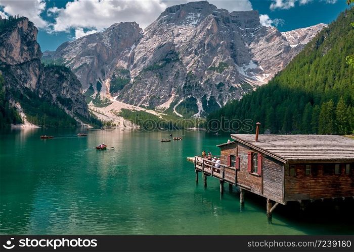 The landscape around Lake Braies or Pragser Wildsee located in Prags valley, Dolomites area, Italy