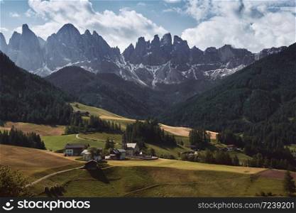 The landscape around Santa Magdalena Village. Located in Val di Funes, Dolomites area, Italy.
