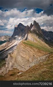 The landscape around the top of Seceda peak in Odle mountain range at Gardena Valley, Dolomites, Italy