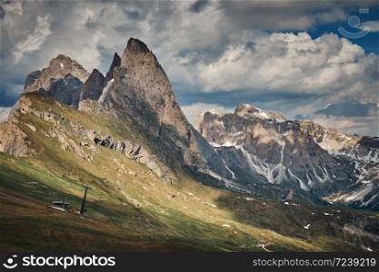 The landscape around the top of Seceda peak in Odle mountain range at Gardena Valley, Dolomites, Italy