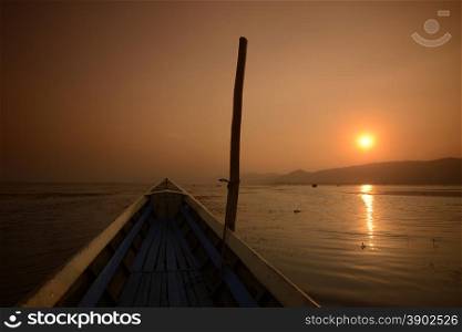 the Landscape at sunrise on the Inle Lake in the Shan State in the east of Myanmar in Southeastasia.. ASIA MYANMAR BURMA INLE LAKE SUNRISE