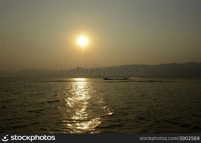 the Landscape at sunrise on the Inle Lake in the Shan State in the east of Myanmar in Southeastasia.. ASIA MYANMAR BURMA INLE LAKE SUNRISE