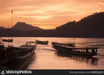 the Landscape at the Mekong River in the town of Luang Prabang in the north of Laos in Southeastasia.. LAOS LUANG PRABANG MEKONG RIVER