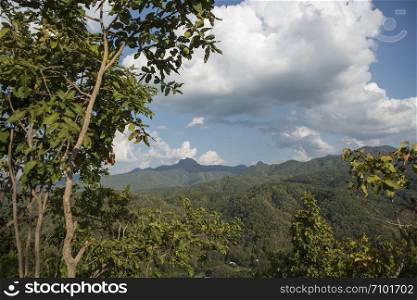 the Landscape from the Wat Phra That Doi Leng Temple in the Mountains near the city of Phrae in the north of Thailand. Thailand, Phrae November, 2018.. THAILAND PHRAE WAT PHRA THAT DOI LENG TEMPLE