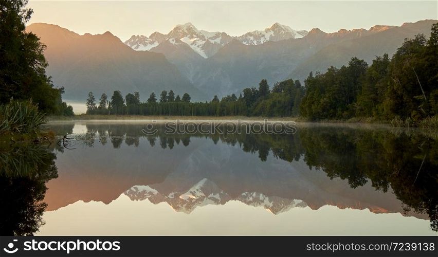 The landscape of Lake Matheson in South Westland, New Zealand, near the township of Fox Glacier