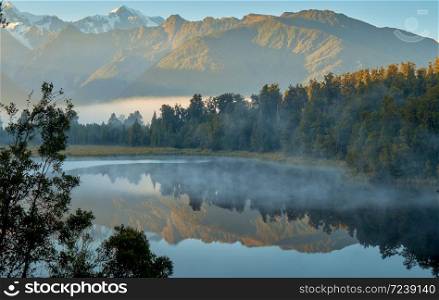 The landscape of Lake Matheson in South Westland, New Zealand, near the township of Fox Glacier