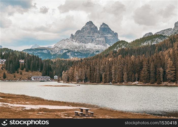 The Landscape of Lake Misurina. The lake located near Auronzo di Cadore Belluno, Italy