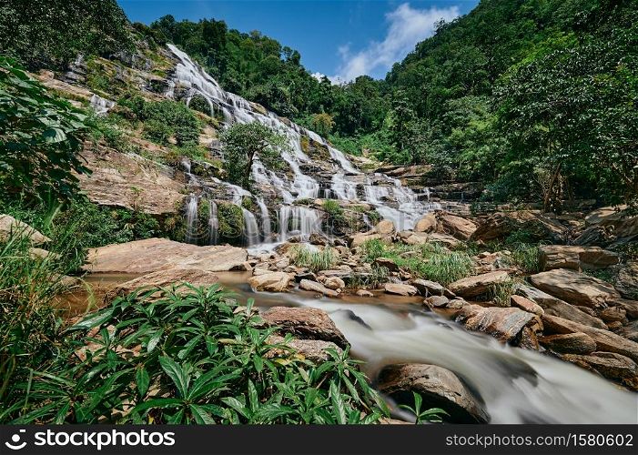 The landscape of Mae Ya waterfall on a sunny day at Chiang Mai, Thailand