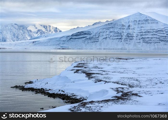The landscape of Raudfjord in the Svalbard Islands (Spitzbergen) in the high Arctic.