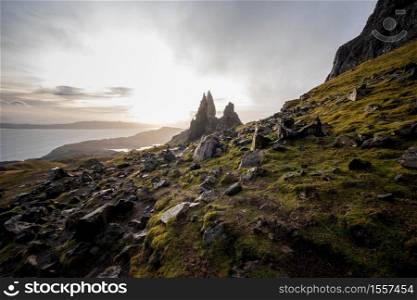 The landscape of track around the Old Man of Storr and the Storr cliffs, the famous attraction in Isle of Skye, Scotland, United Kingdom