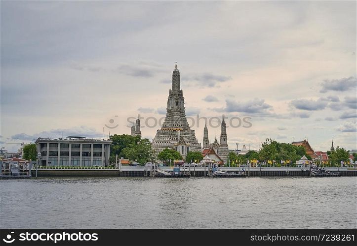 The landscape of Wat Arun (Temple of Dawn) and Chaopraya river in Bangkok, Thailand