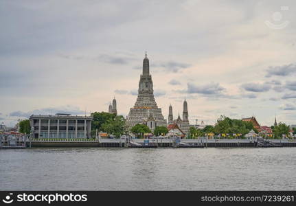 The landscape of Wat Arun (Temple of Dawn) and Chaopraya river in Bangkok, Thailand